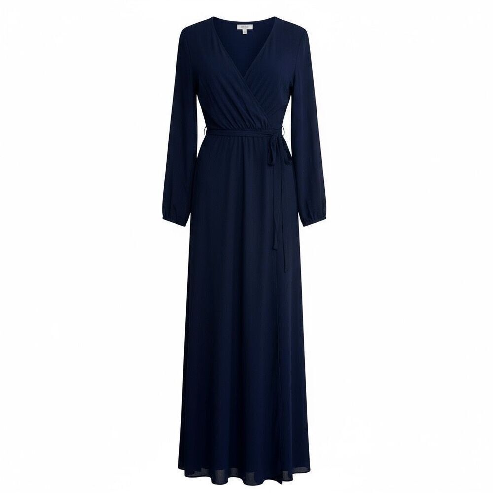 Long Sleeve Navy Wrap Maxi Dress - Unbranded